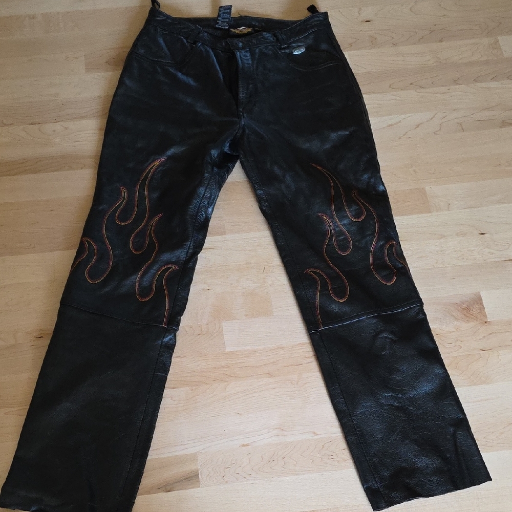 Harley-Davidson Black Leather Pants with Orange Flame Design